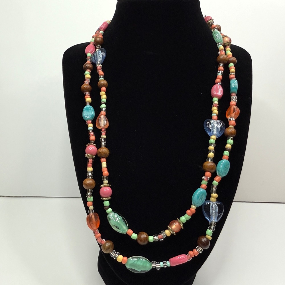 Long Glass Multicolor Bead Necklace Wood Glass Bohemian Fashion Jewelry 42 in L
